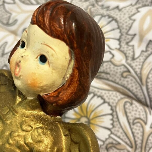 2 Vintage Christmas Angels  9"  Figurines Taiwan Gold Gowns Musical Instruments - Picture 8 of 14